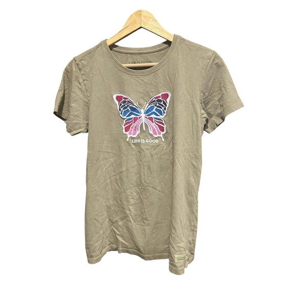 Life Is Good Tshirt Green Short Sleeved Butterfly Embroidered Size Medium - Picture 1 of 4